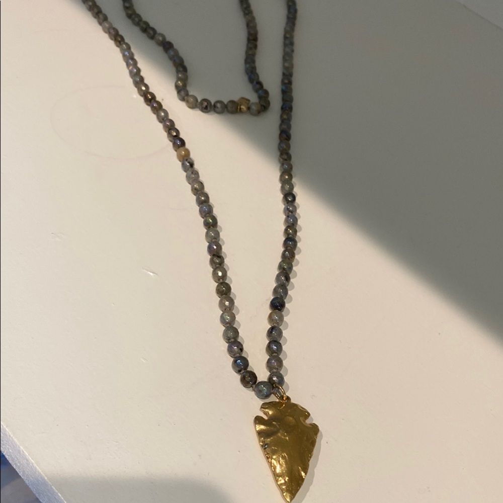 Gold and Gray Beaded Necklace with Arrowhead Pendant